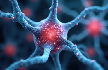 Image shows neuron with amyloid plaques, associated with Alzheimer disease. Microscopic detail of damaged nerve cell, focus on bio-science, neurology, brain health. Illustration for educational,