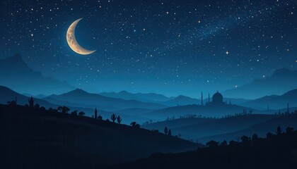 night landscape with moon mosque eid Mubarak greeting card background