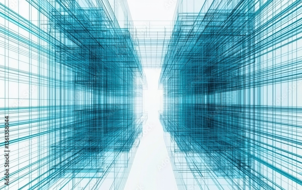 Poster abstract digital architecture with blue wireframe perspective view