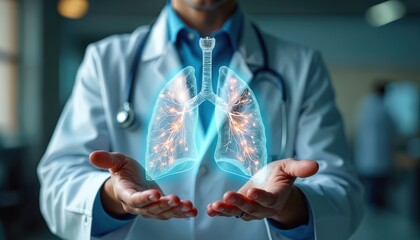 Doctor holds 3D hologram of human lungs for diagnosis in clinic. Medical tech in healthcare with lungs anatomy. Futuristic medical innovation, modern tech in medicine for patient exam.