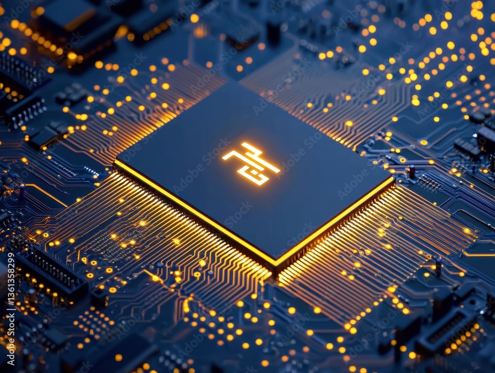 Poster close-up view of a modern microchip with circuit board details