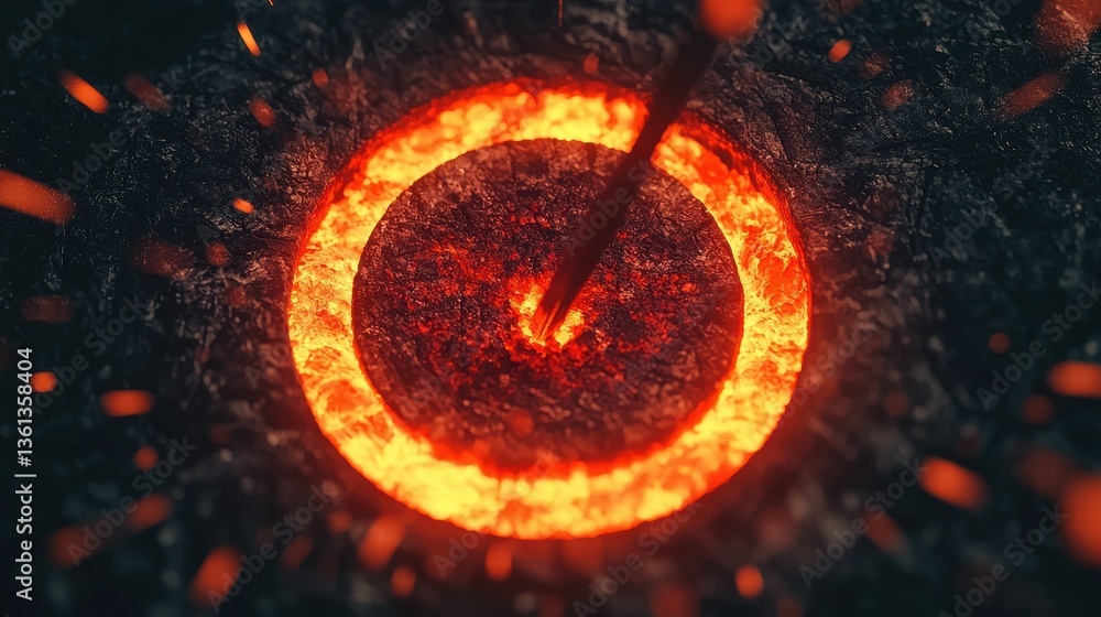 Poster molten lava flow with glowing circular core sparkling in darkness creating fiery aesthetic effect