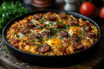 Sausage, egg, and hash brown breakfast skillet on wooden board, kitchen setting