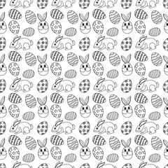 Seamless pattern with rabbits, anthropomorphic smiles Easter Bunny, ornate Easter eggs, and - Happy Easter - text. Perfect for coloring page, DIY crafts, textiles, and festive decorations.
