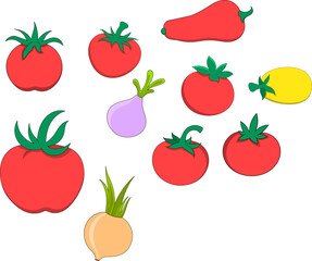 Colorful Collection of Tomato Variants and Vegetables in Flat Cartoon Style for Healthy Food Designs