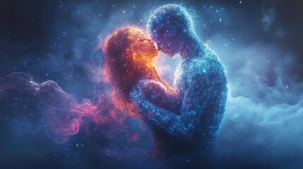 A couple embracing, their bodies composed of glowing particles, in a celestial scene filled with ethereal light and smoke.