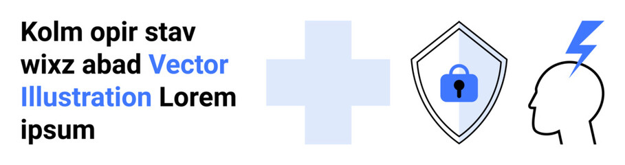 Shield with lock symbol, medical cross, and brain profile with lightning bolt. Ideal for cybersecurity, data protection, mental health, medical technology, online safety, innovation flat landing