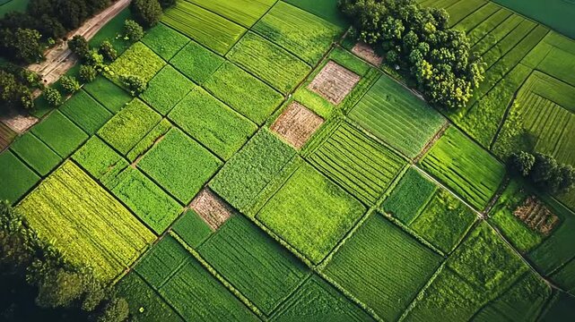 Aerial view of a patchwork quilt of diverse cultivated agricultural fields, greens.