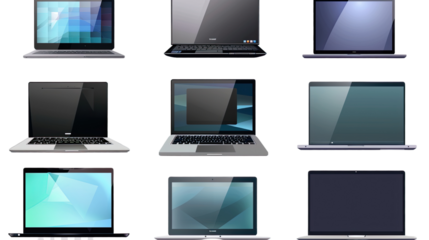 A Grid of Modern Laptops: An eye-level, organized arrangement of sleek laptops showcase their screens against a neutral background, symbolizing digital lifestyle and technology