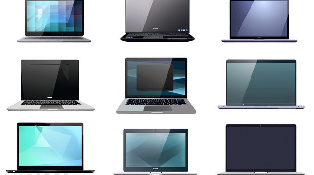 A Grid of Modern Laptops: An eye-level, organized arrangement of sleek laptops showcase their screens against a neutral background, symbolizing digital lifestyle and technology