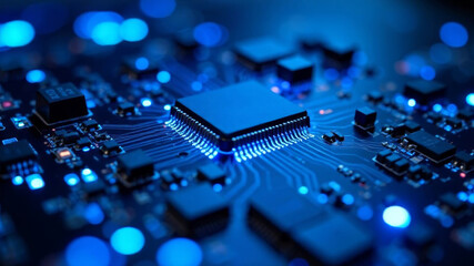 working processor on motherboard in blue tones