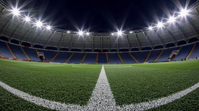 Wide-angle video shot of an empty stadium at night, focusing on the illuminated field and seating, capturing the grandeur and symmetry of the venue.