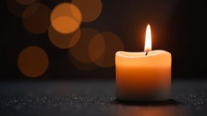 one burning candle on a blurred background with bokeh