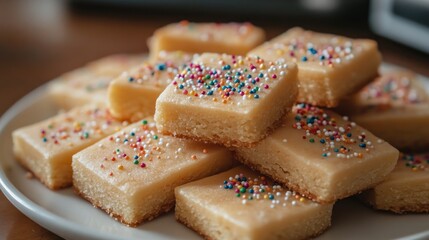 Stack of delicious square shortbread cookies with colorful sprinkles on a white plate.