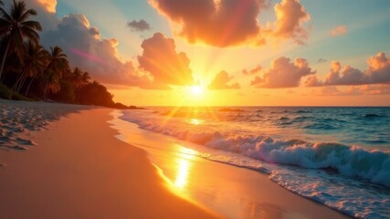 Obraz premium sunset on a beautiful beach by the ocean