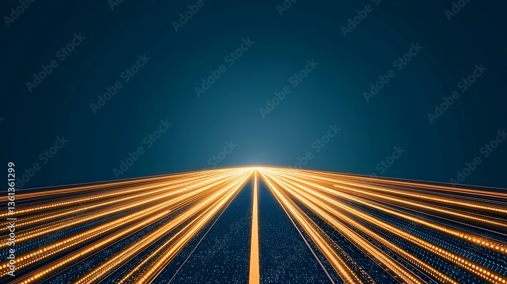 Poster the image shows numerous golden lines of light converging at a vanishing point in the distance again