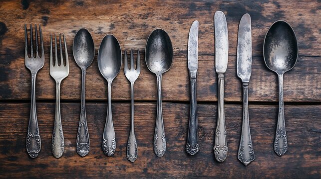 Vintage cutlery set on wooden background - Vintage filter effect