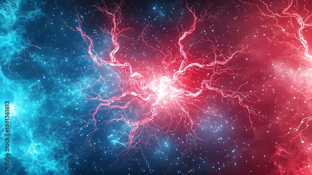 Poster the image contains a vibrant abstract design featuring a central, bright white light source from whi