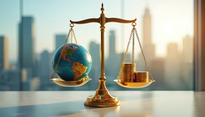 Golden scale balances planet Earth with coins stack. Visualizes ESG investing, global finance, economic balance, responsibility, climate change concerns. Blurred city background adds financial