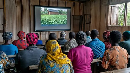 In a rural setting, farmers gather for an educational session focused on improving agricultural techniques. The workshop showcases valuable insights aimed at boosting productivity and sustainability.
