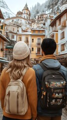 Couple admires snowy mountain village