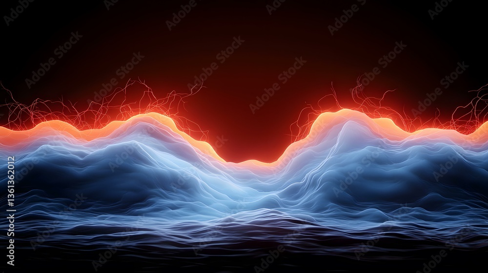 Poster a digital rendering of an abstract landscape featuring undulating, translucent blue forms illuminate