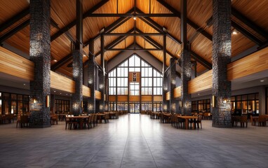 Fototapeta premium Spacious modern interior of a restaurant with wooden details and stone