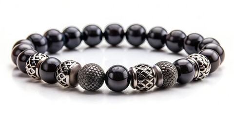 Obraz premium Elegant Black Bead Bracelet with Intricate Metal Accents A Stylish Accessory for Modern Men