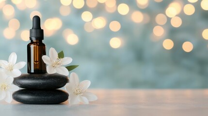 Aromatherapy Oil Dropper Bottle on Black Stones Surrounded by Blossoms and Soft Lights for Relaxation Therapy