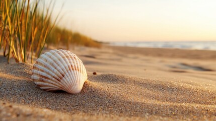 Beautiful seashell on sandy beach with soft sunlight and green grass in the background at sunset