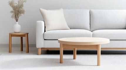 Modern, minimalist living room featuring a light beige sofa, a round wooden coffee table, and a small round wooden side table. Soft lighting and neutral tones create a serene and inviting atmosphere