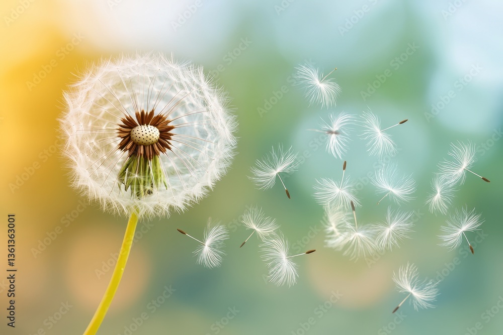 Poster dandelion seed head with seeds floating in a soft focus background