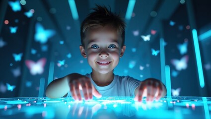 Boy surrounded by holograms and nanotechnology. Digitalization.