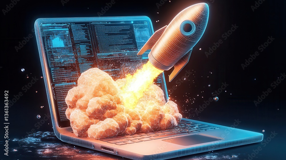 Poster rocket launching from laptop computer symbolizing digital technology and space concept of innovation