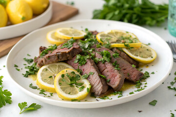 Grilled beef steak with vegetables on a plate