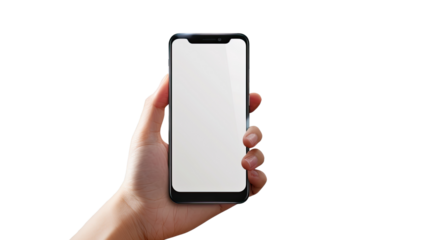 Hand Holding Smartphone: A person's hand gracefully holds a modern smartphone with a bright blank screen, creating a simple visual of today's connection