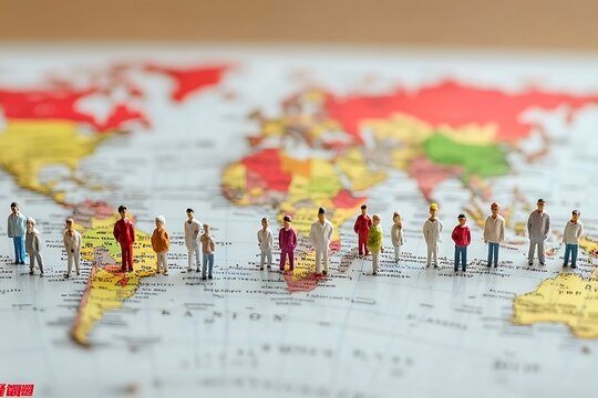 Tiny figurines stand on a detailed map of the world