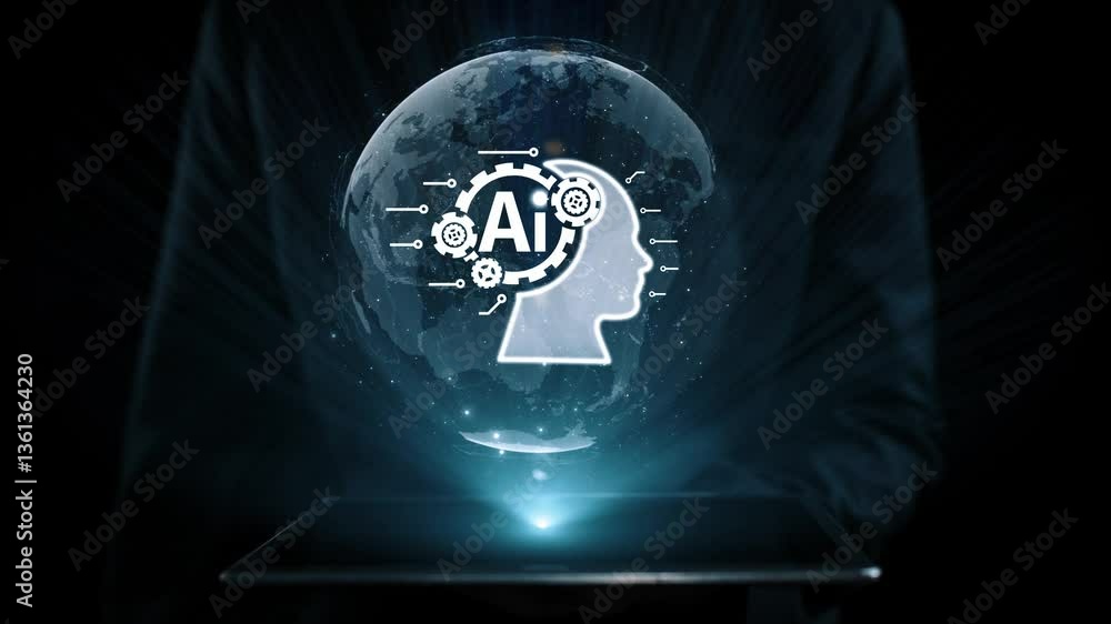 Poster human interact with ai artificial intelligence brain processor in concept of ai artificial intellige