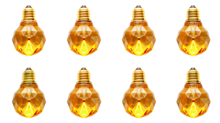 Illuminating Ideas: A collection of eight geometrically designed, illuminated light bulbs, suggesting innovative concepts.