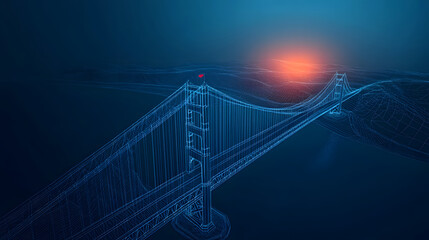 Wireframe model of a suspension bridge at sunset.  Digital art.