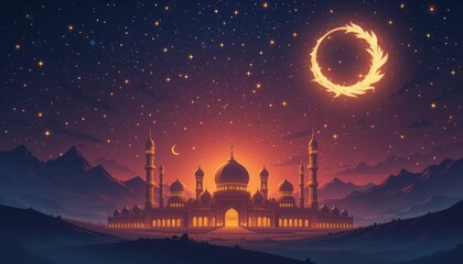 Obraz premium mosque at night eid Mubarak greeting card background