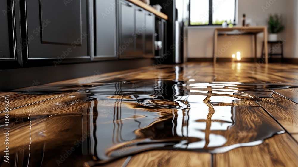 Poster serene image of a reflective puddle of water on a wooden floor creating a calming abstract pattern w