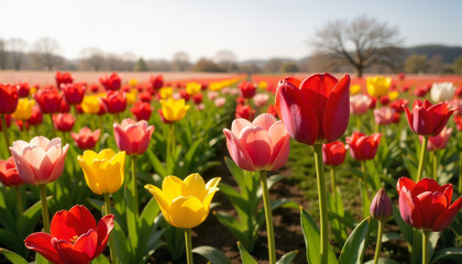 Naklejka premium Colorful tulip flowers blooming in vibrant field, seasonal beauty