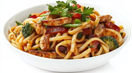 Delicious chicken pasta dish kitchen food photography bright environment top-down view culinary concept