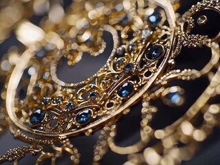 Opulent gold adornment with sapphire accents.  A symphony of gold and sapphire that creates a luxurious and eye-catching detail.