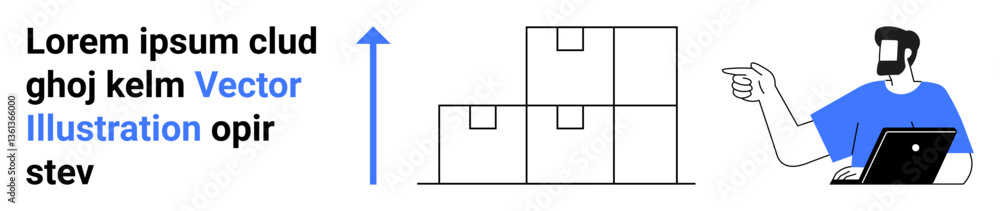 Poster man with laptop pointing towards stacked boxes and upward arrow signifying growth. text on the side.