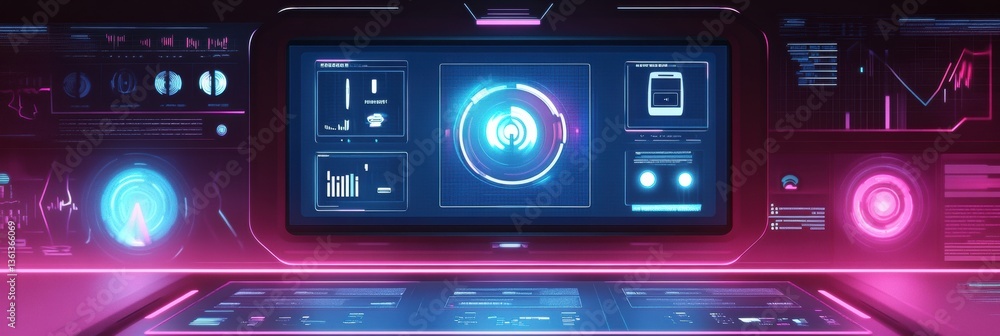 Poster high-tech digital assistant interface for grocery ordering with neon glow and futuristic elements at