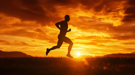 Overcome Stamina Breakthrough, an ultra-marathon runner silhouetted against a sunrise, pushing forward despite exhaustion, raw and emotional