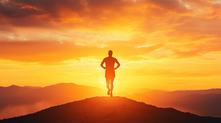 Overcome Stamina Breakthrough, an ultra-marathon runner silhouetted against a sunrise, pushing forward despite exhaustion, raw and emotional