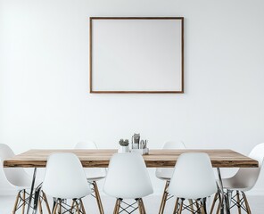 Minimalist dining room with wooden table and white chairs, blank frame on wall.